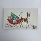 Vintage Mid Century Christmas Greeting Card Reindeer Red Sleigh Gifts Squirrel
