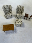 Miniature Doll House Furniture Lot  Wooden Pieces  Cloth Chairs  Vintage