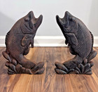 Vintage Cast Iron Large Mouth Bass Fish Andirons Lodge Cabin Fireplace