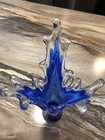 Murano Style Art Glass Vase Cobalt Blue White Clear Splash 14 In  Tall Perfect