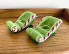 Rare-vintage Set Of 2 Ceramic Candy Cane Sleighs Taper Candle Holders Japan