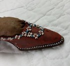 Antique Red Leather Shoe With Beads Pin Cushion  Beige Silky Fabric