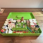 Vintage Green Sewing Box With Handle  Thread Spool Tray  Needles   Notions Misc