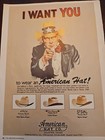 Uncle Sam I Want You To Wear An  American Hat Company Vintage Magazine Print Ad