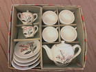 Vintage Child s Tea Set 13 Pieces Hand Painted Red Flowers Silver Accents Japan