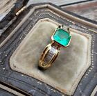 Vintage 14k Yellow Gold Finish 3ct Lab Created Green Emerald Engagement Ring