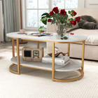 39 In  White Oval Marble Coffee Table Modern 2-tier Center Table With Open Stora
