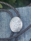 Silver Oval Locket Bolo Tie Black Leather Cord Vintage Western Style Necklace