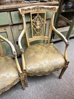 Antique Pair French Arm Chairs Painted   Parcel-gilt Finish   Gold Damask Fabric