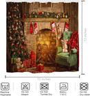 Christmas Shower Curtain  Happy New Year Xmas Trees Fireplace Brick Waterproof B