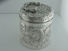 800 Silver Tea Caddy Box Jar W  Chased Florals Scrolls Shells   Ornate