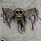 Hand Carved Mexican Flying Demon Skull With Ribbons 