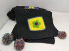 Storybook Knits Black Scarf With Bright Flowers Only 3 Pompoms Vtg With Tags