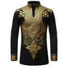 Men s Print Shirt African Dashiki Luxury Tribal Metallic Gold Top Blouse Shirt