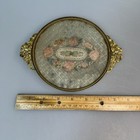 Antique Brass Vanity Dresser Tray French Lace Under Glass Round Ornate Gilded