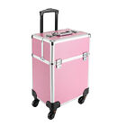 Pink Rolling Train Case Aluminum Trolley Professional Cosmetic Organizer Box 
