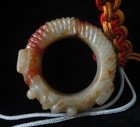 Fine Chinese Old Hand Carving Ancient Beasts White And Red Jade Ring Pendant