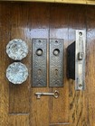 Antique Glass Door Knobs   Victorian Backplates  Mortise Lock Door Hardware Set