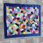 Vintage Handmade Crazy Quilt 1990   s Blue Velvet Backing 55    X 63   