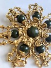 Vintage French Green Glass Brooch Necklace  Gold Tone  Antique  Elegant