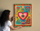 Sacred Heart Mexican Folk Art Canvas Print  Colorful Milagro Style Floral Decor