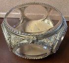Vintage Ormolu Beveled Glass Brass Filigree Jewelry Casket Box Ornate 7  Wide 