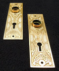 Antique Brass Ornate Eastlake Mortise Door Knob Back Plates Escutcheons 1890 s
