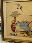 Vtg Crewel Embroidery Framed Nautical Picture Boat lighthouse No Glass 15  X 19 