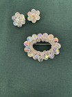 Vintage Rhinestone Brooch Earrings Set Aurora Borealis Clip On Wow