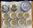 Old Willow English Ironstone 8 Saucers   Tea Cups With Sugar Bowl   Creamer
