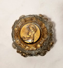 Vintage Antique Goofus Glass Gilt Rose 4  Vanity Powder Jar Trinket Box W Cameo