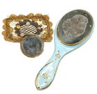 Victorian Painted Porcelain Hand Mirror   Compact W  Silk Pouch Vanity Lot As Is