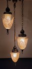 Vintage Swag Lamp Iridescent Amber Glass Etched Roses 3-tier Globes Diffusers