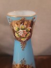 Vtg Empoli Italy Opaline Glass Vase Tre Fuochi Blue Cased 24k Gold Enamel Flower