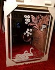 Vtg 80 s Plastic Gold Trim Swans Floral Etched Mirror 28x22 Pink   White N o s