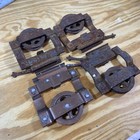 Antique Old Primitive Cast Iron Barn Door Rollers Pulleys Hangers Pair Set Usa