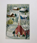 Vintage Mid Century Christmas Greeting Card Villagers Pink Church Snow Hallmark