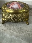 Vtg Trinket Box Brass Cameo Ornate Stamped Made In Japan Hinged Red Velvet Lined