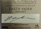 Hayden Christensen Signed Master Replica Darth Vader Prop Helmet  500 Star Wars