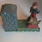 Mechanical Cast Iron Coin Bank Artillery Soldier   Cannon Cast Metal Bank