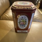 Vintage Octagon Floral Tin With Hinged Lid Red Gold Multicolor Flower Theme