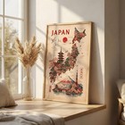 Japan Map Wall Art Vintage Travel Poster Japanese Landmarks Mount Fuji Sakura