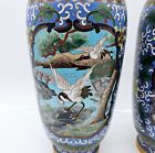 Chinese Cloisonne Vases Set Of 2 Blue Brass Enamel 12  Heron Flowers