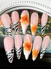 Enen Medium Almond 3d Floral Press-on Nails Pink Zebra French Self-adhesive
