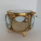 Antique Rose Ormolu Gold Beveled 6 Sided Glass Jewelry Box Casket Trinket Vanity