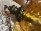 Vtg mc  Amber Glass Swag Lamp Gold Diffuser Works  20 In H X 12 In W   Issues 