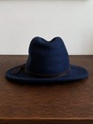 Vintage Fedora Rancher Hat D y Navy Blue 100  Wool Brown Leather Band Wide Brim