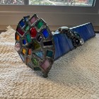 Vintage 1996 Hunt Signed Stained Glass Kaleidoscope Iridescent Blue Slag Glass