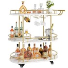 Gold Bar Cart Rotating Dining Cars 3 Tier Serving Cart With Wheels Modern Style