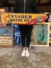 Antique Vintage Old Style Sign Invader Motor Oil Made Usa